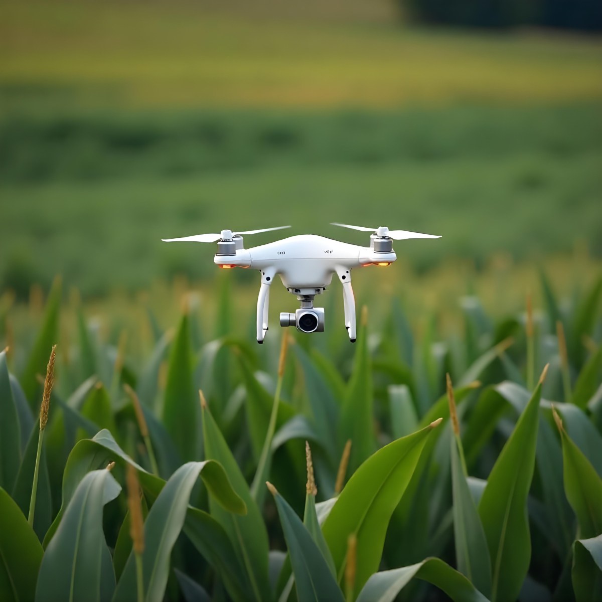 A White Drone Spraying Pesticides Over A Green Cornfield The Drone Has Four Propellers And A White Tank The Background Is A Green Field With Trees 6 B09e