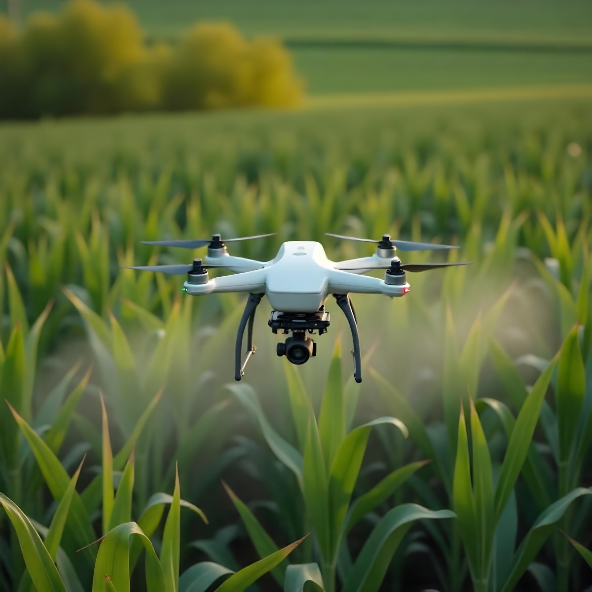 A White Drone Spraying Pesticides Over A Green Cornfield The Drone Has Four Propellers And A White Tank The Background Is A Green Field With Trees 7 6dba