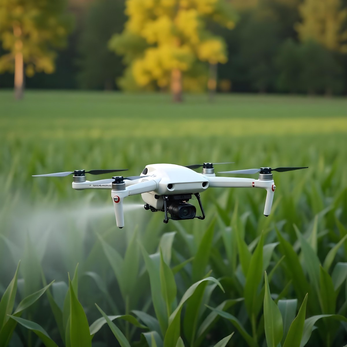 A White Drone Spraying Pesticides Over A Green Cornfield The Drone Has Four Propellers And A White Tank The Background Is A Green Field With Trees 8 C013