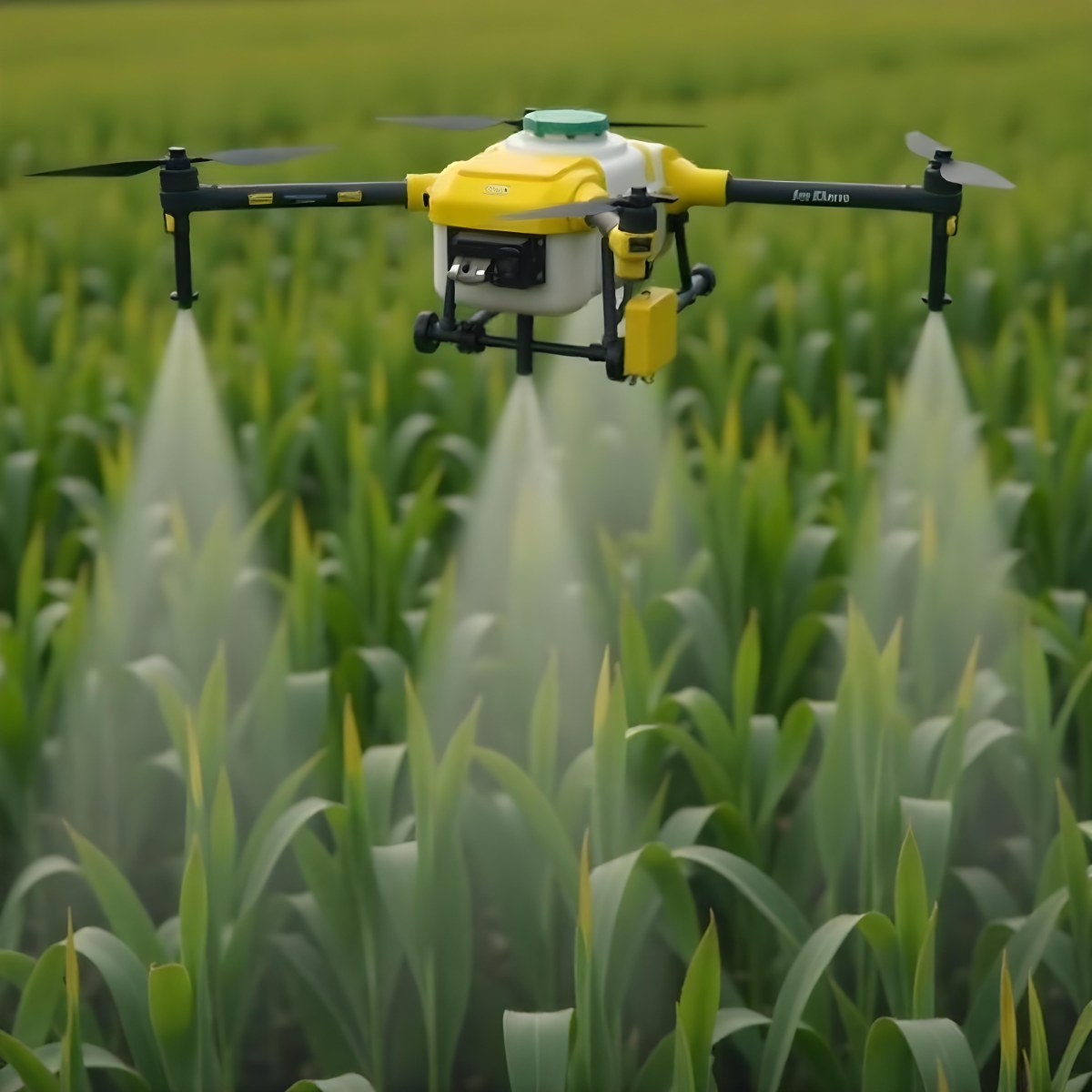 A White Drone Spraying Pesticides Over A Green Cornfield The Drone Has Four Propellers And A White Tank The Background Is A Green Field With Trees 9 1a42