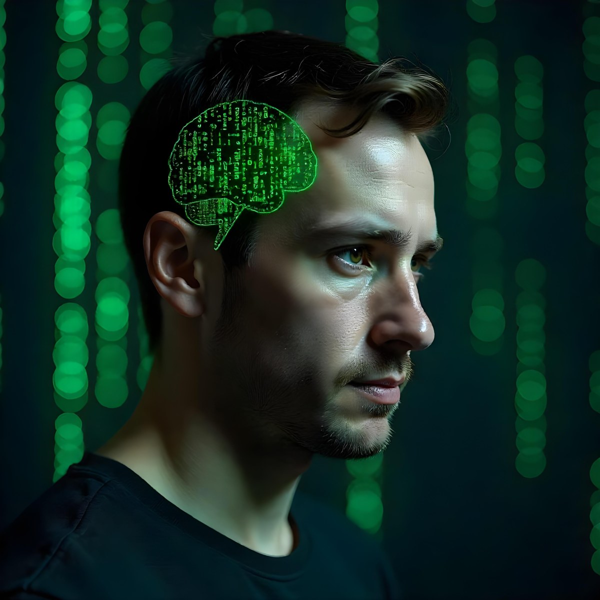A White Man 35 Years Old With Short Dark Hair A Brain With Green Matrix Code Index Finger On The Head Matrix Code Background 13 Caa9