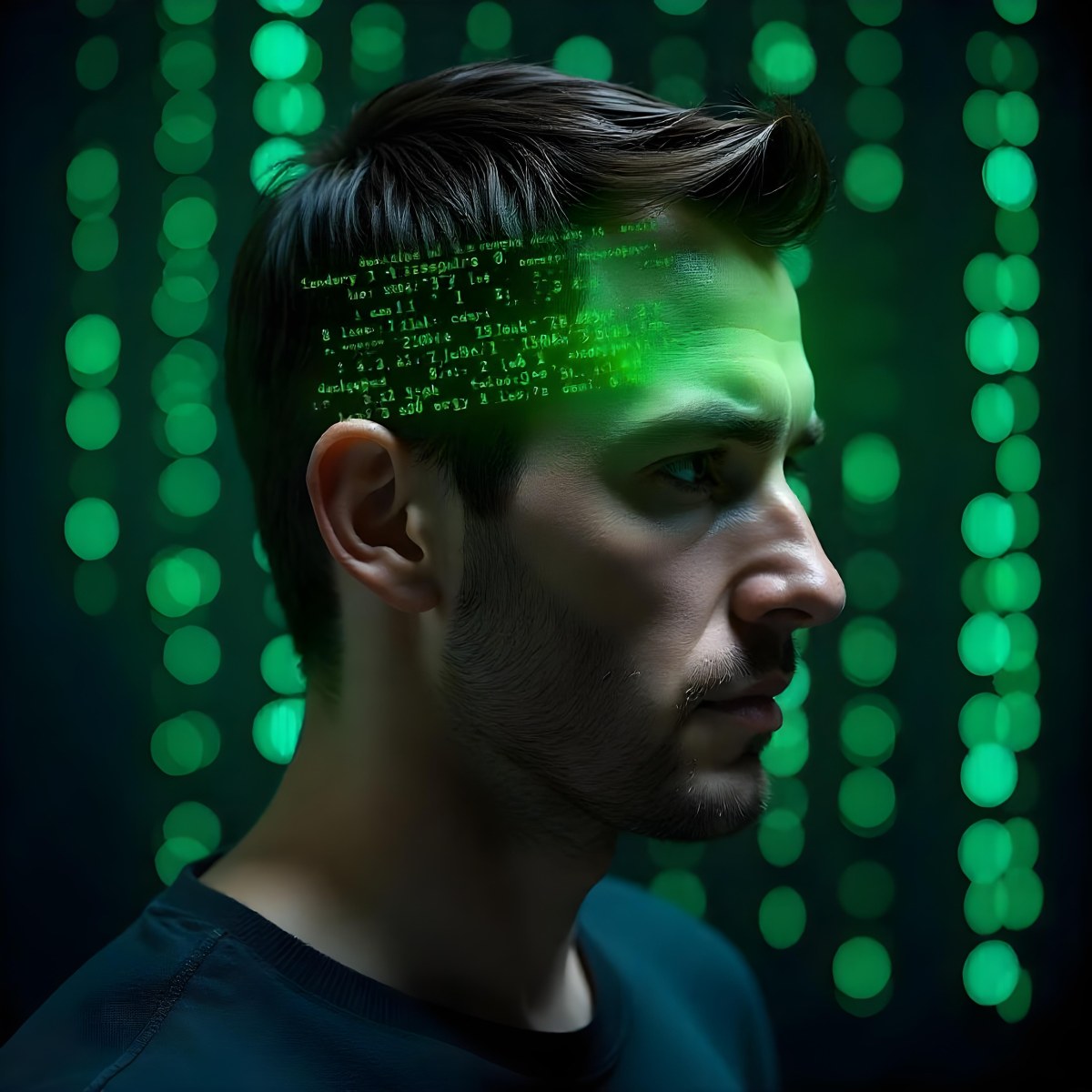 A White Man 35 Years Old With Short Dark Hair A Brain With Green Matrix Code Index Finger On The Head Matrix Code Background 14 4a14