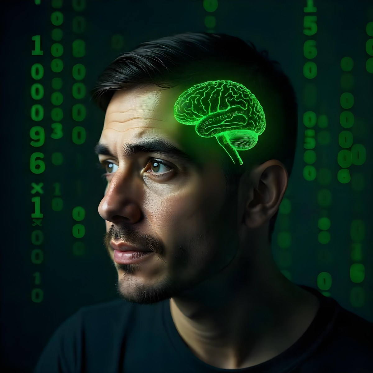 A White Man 35 Years Old With Short Dark Hair A Brain With Green Matrix Code Index Finger On The Head Matrix Code Background 15 9a8f