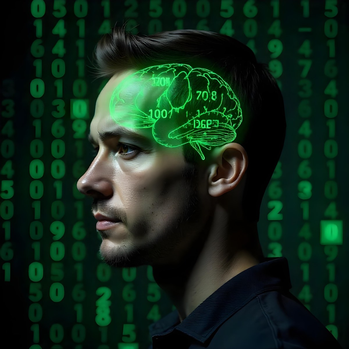 A White Man 35 Years Old With Short Dark Hair A Brain With Green Matrix Code Index Finger On The Head Matrix Code Background 16 A462