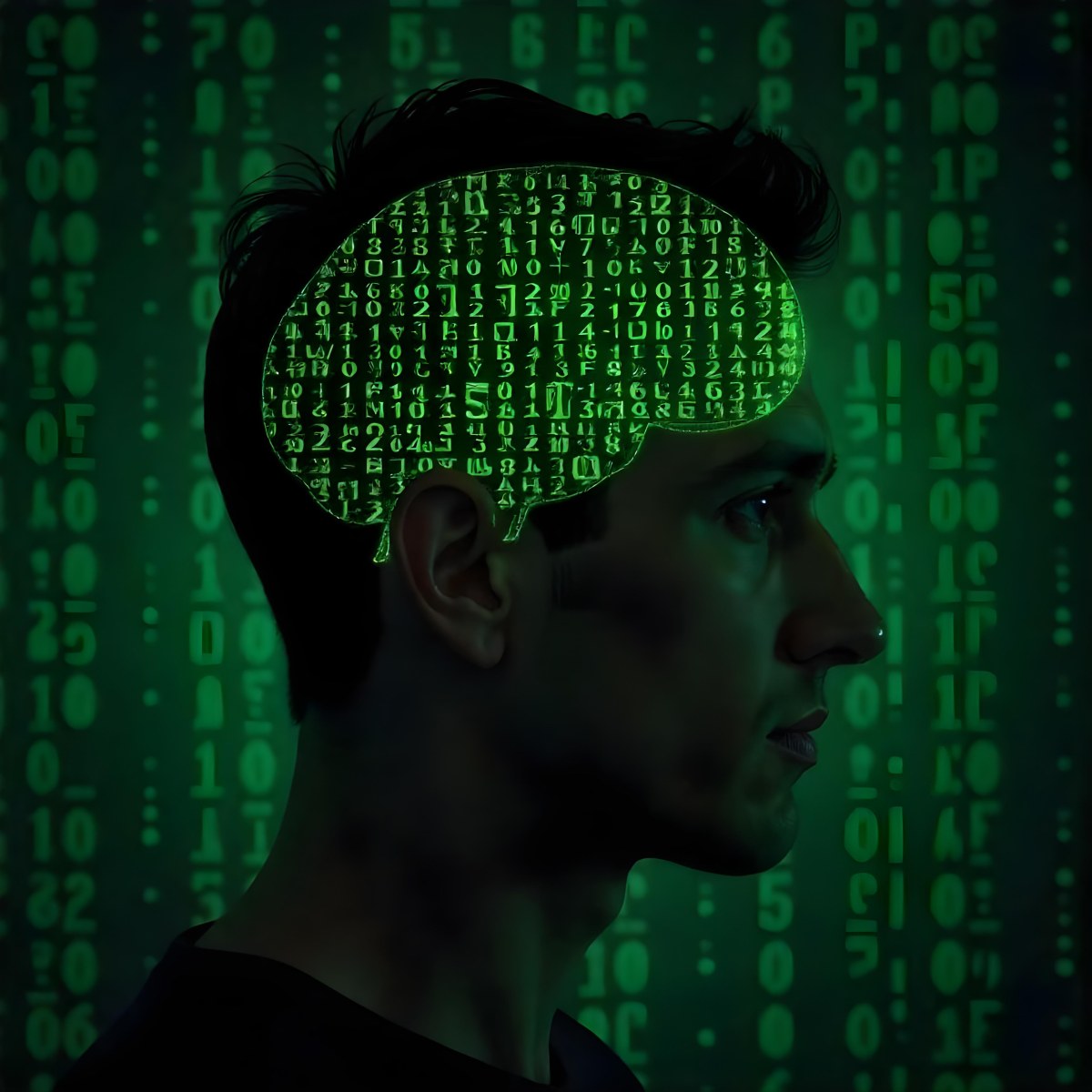 A White Man 35 Years Old With Short Dark Hair A Brain With Green Matrix Code Index Finger On The Head Matrix Code Background 17 4654