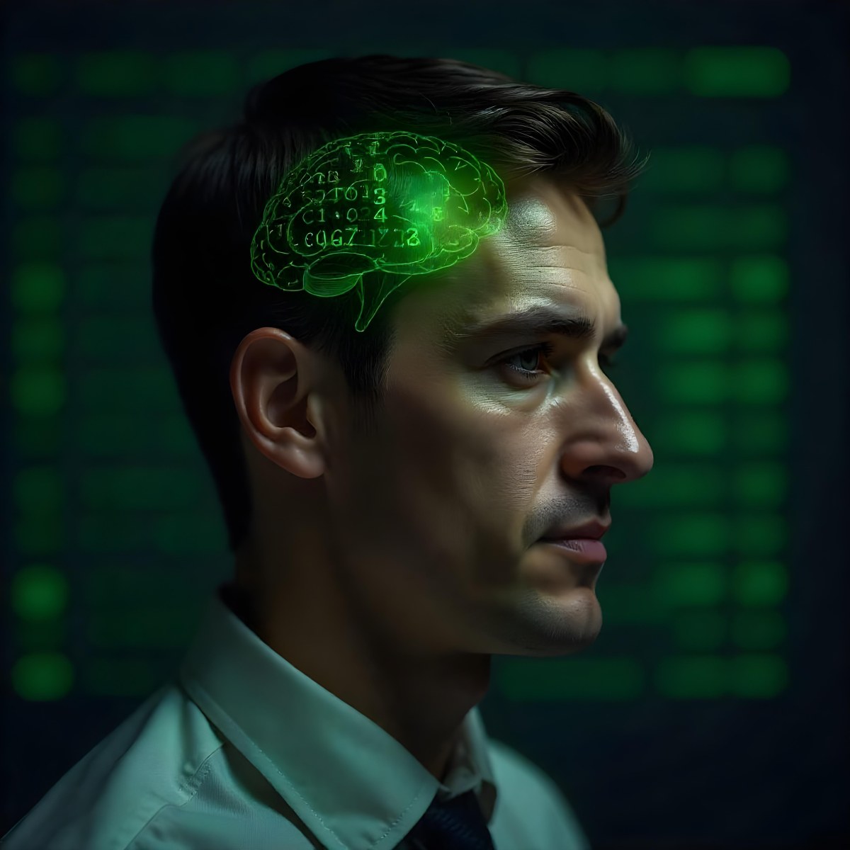 A White Man 35 Years Old With Short Dark Hair A Brain With Green Matrix Code Index Finger On The Head Matrix Code Background 18 2129