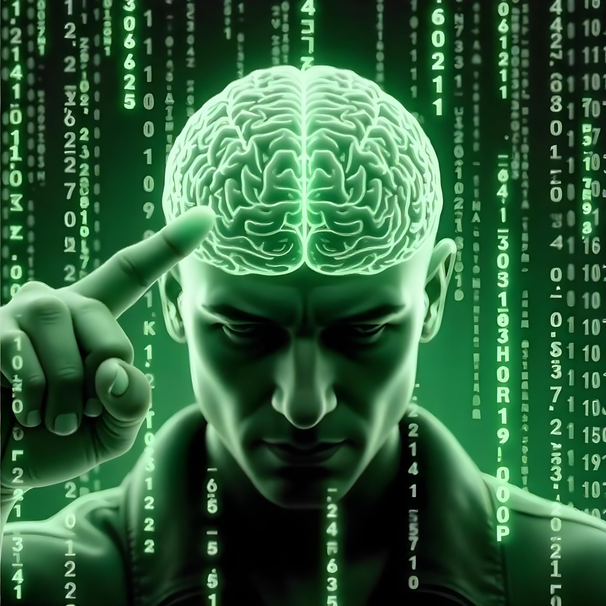 A White Man 35 Years Old With Short Dark Hair A Brain With Green Matrix Code Index Finger On The Head Matrix Code Background 2 2092