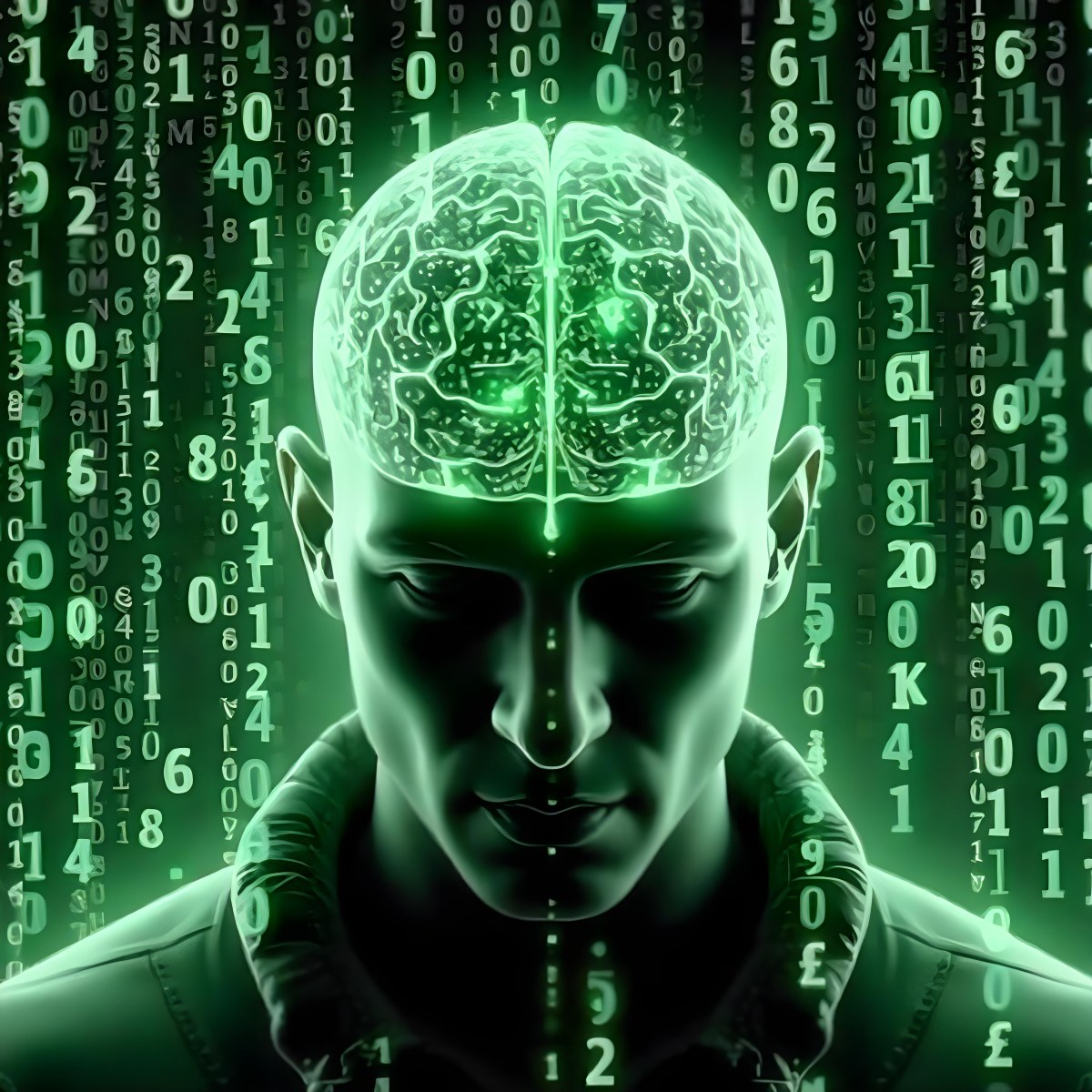 A White Man 35 Years Old With Short Dark Hair A Brain With Green Matrix Code Index Finger On The Head Matrix Code Background 3 Cedc