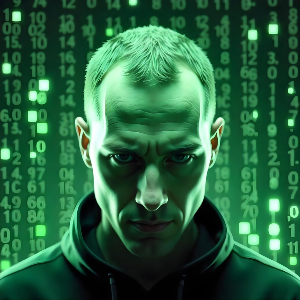 A White Man 35 Years Old With Short Dark Hair A Brain With Green Matrix Code Index Finger On The Head Matrix Code Background 4 Dd56