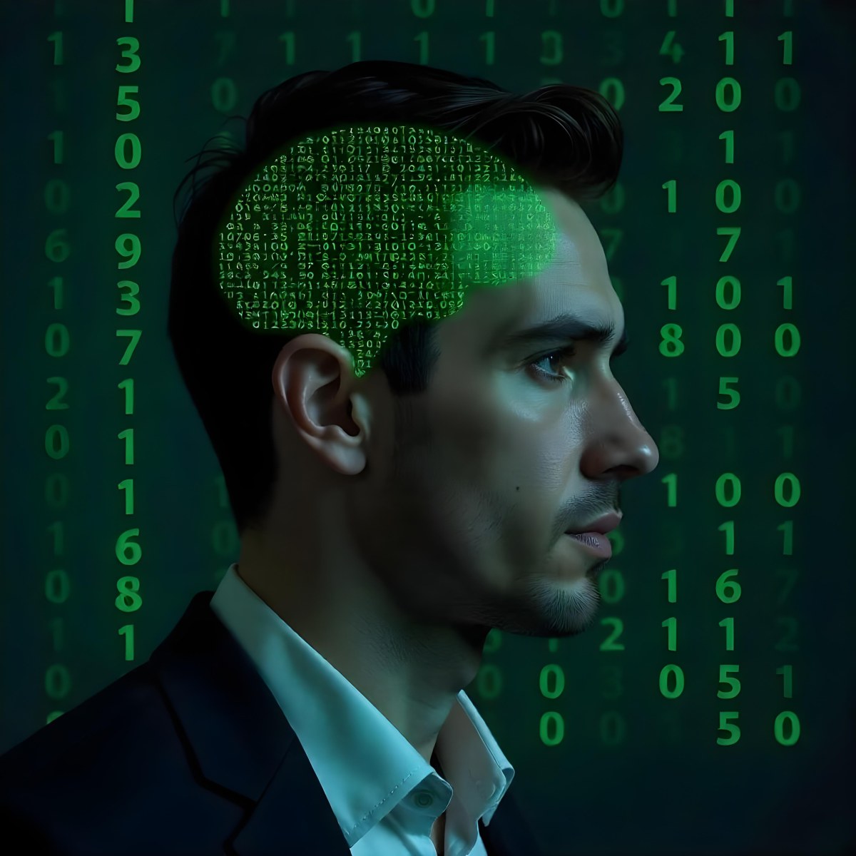 A White Man 35 Years Old With Short Dark Hair A Brain With Green Matrix Code Index Finger On The Head Matrix Code Background 5 0229