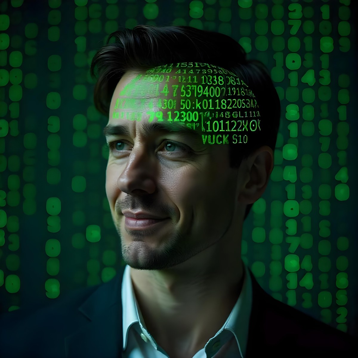 A White Man 35 Years Old With Short Dark Hair A Brain With Green Matrix Code Index Finger On The Head Matrix Code Background 6 04c9