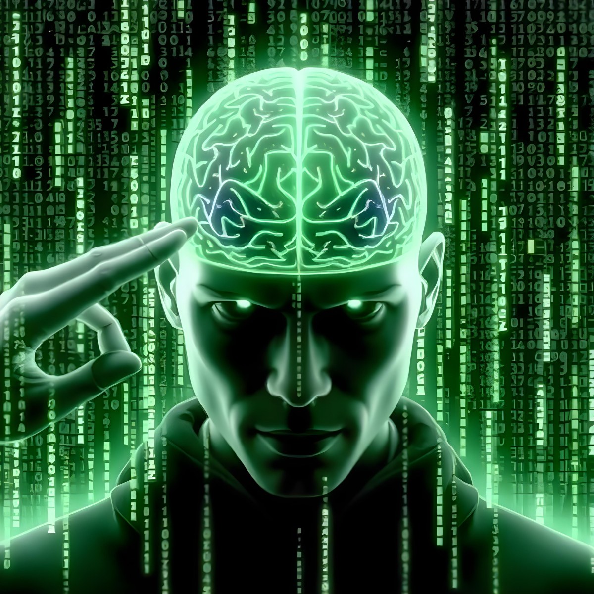 A White Man 35 Years Old With Short Dark Hair A Brain With Green Matrix Code Index Finger On The Head Matrix Code Background 7 0204