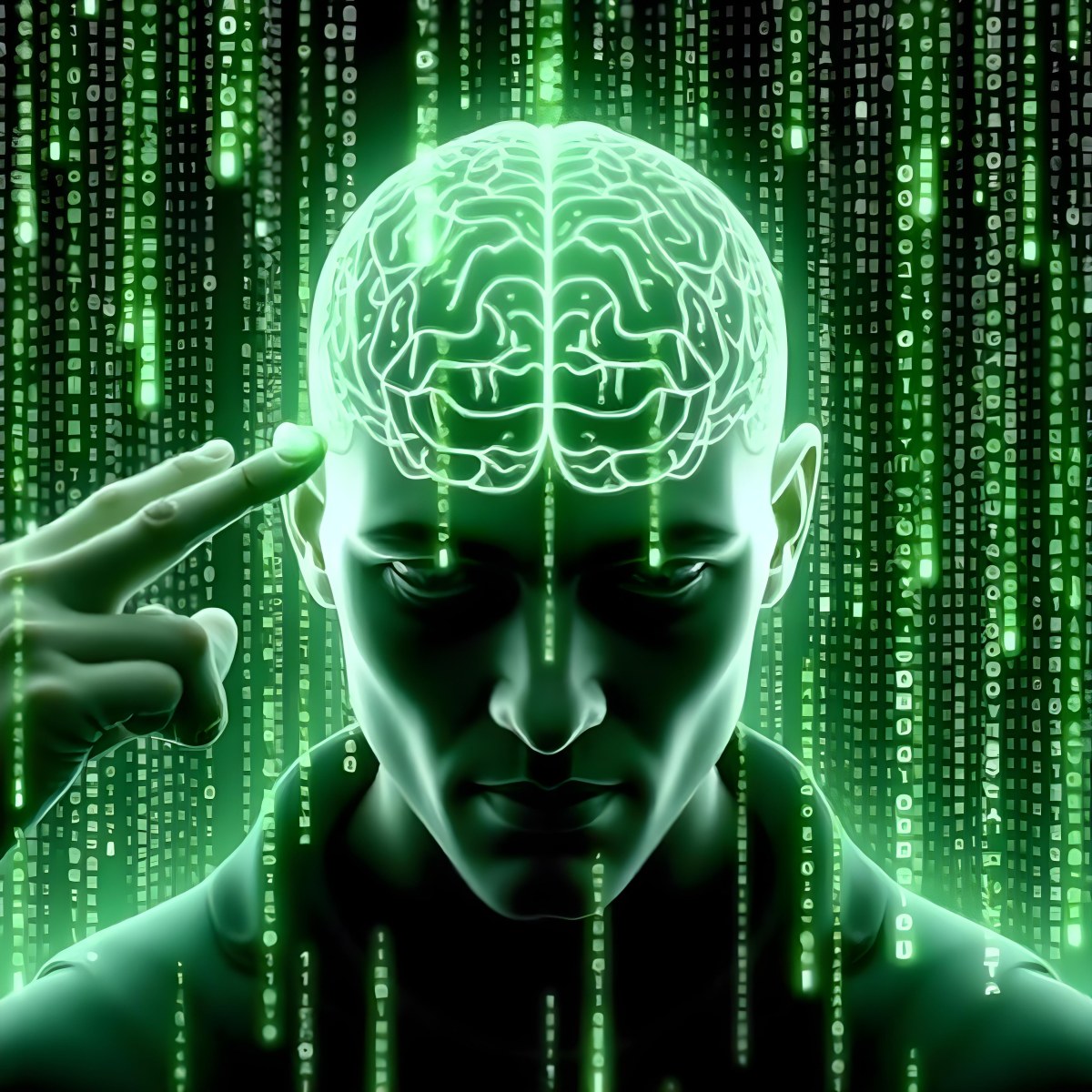 A White Man 35 Years Old With Short Dark Hair A Brain With Green Matrix Code Index Finger On The Head Matrix Code Background 8 E914