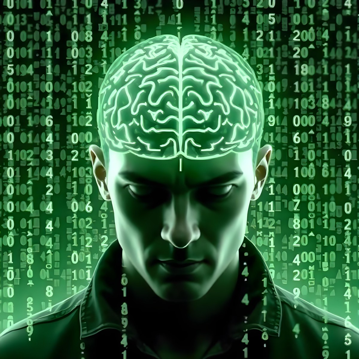 A White Man 35 Years Old With Short Dark Hair A Brain With Green Matrix Code Index Finger On The Head Matrix Code Background 9 159c