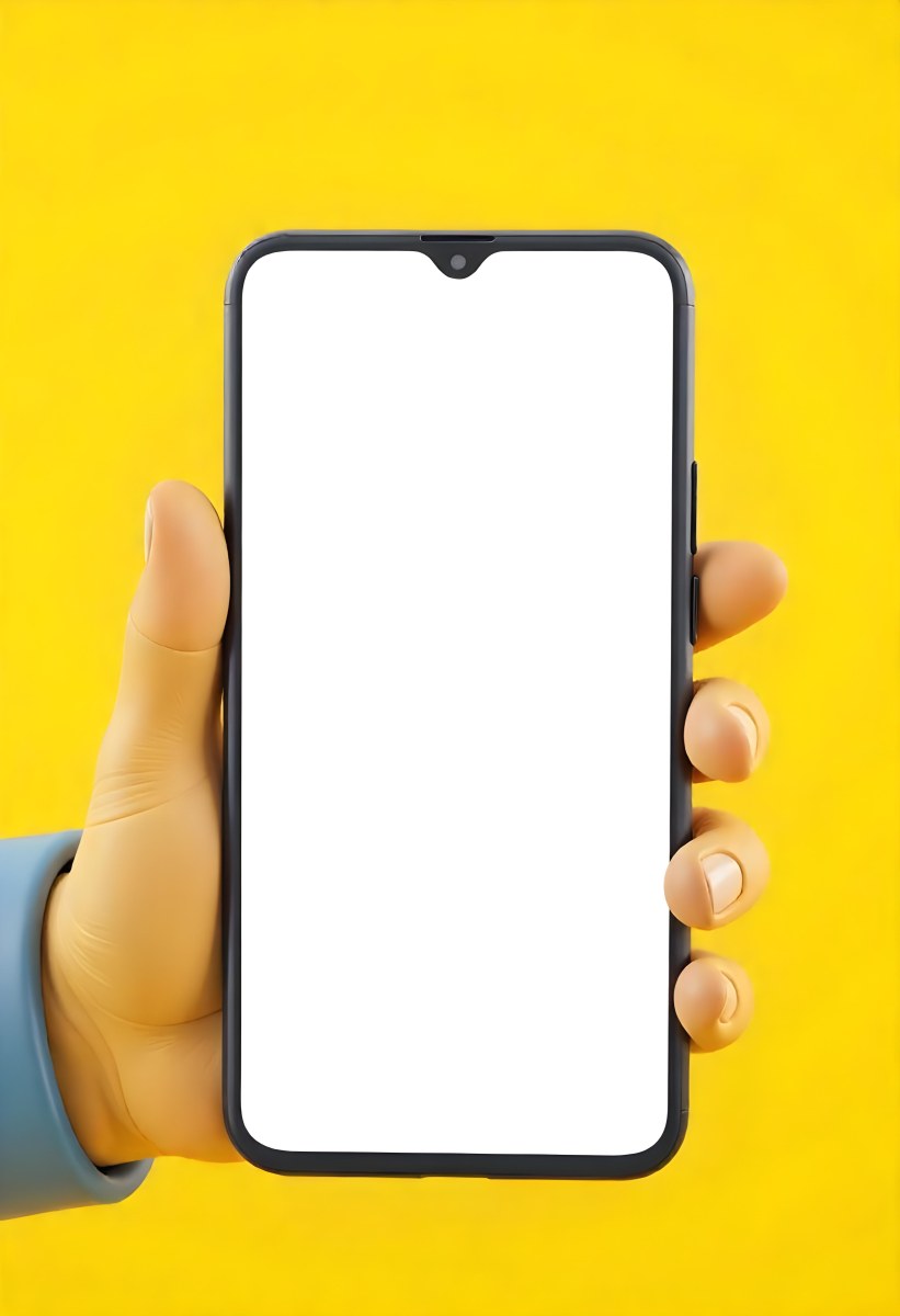A Yellow Hand Holding A Smartphone With A Yellow Screen In Front Of A White Background 18 77a1