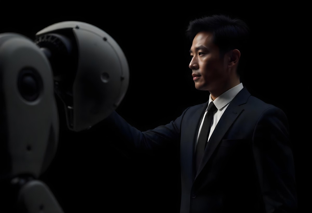 An Asian Man 35 Years Old With Black Hair Wearing A Suit Reaching Out To A Robot Arm In A Black Background 1 165e