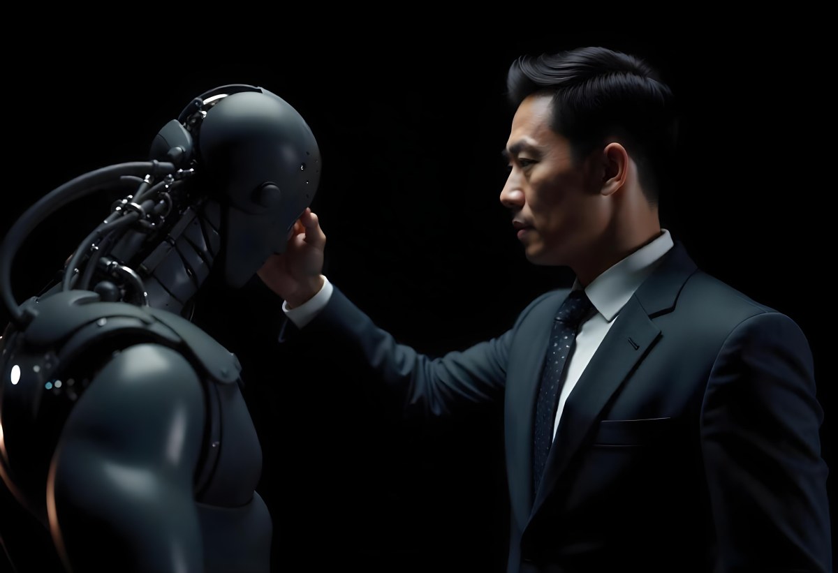 An Asian Man 35 Years Old With Black Hair Wearing A Suit Reaching Out To A Robot Arm In A Black Background 10 9e78