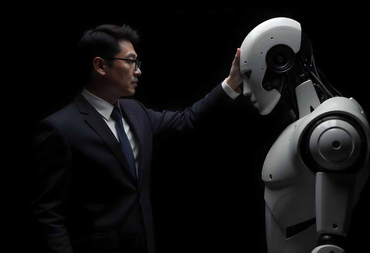 An Asian Man 35 Years Old With Black Hair Wearing A Suit Reaching Out To A Robot Arm In A Black Background 11 Cf1d