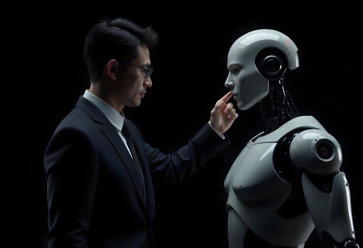 An Asian Man 35 Years Old With Black Hair Wearing A Suit Reaching Out To A Robot Arm In A Black Background 12 B619