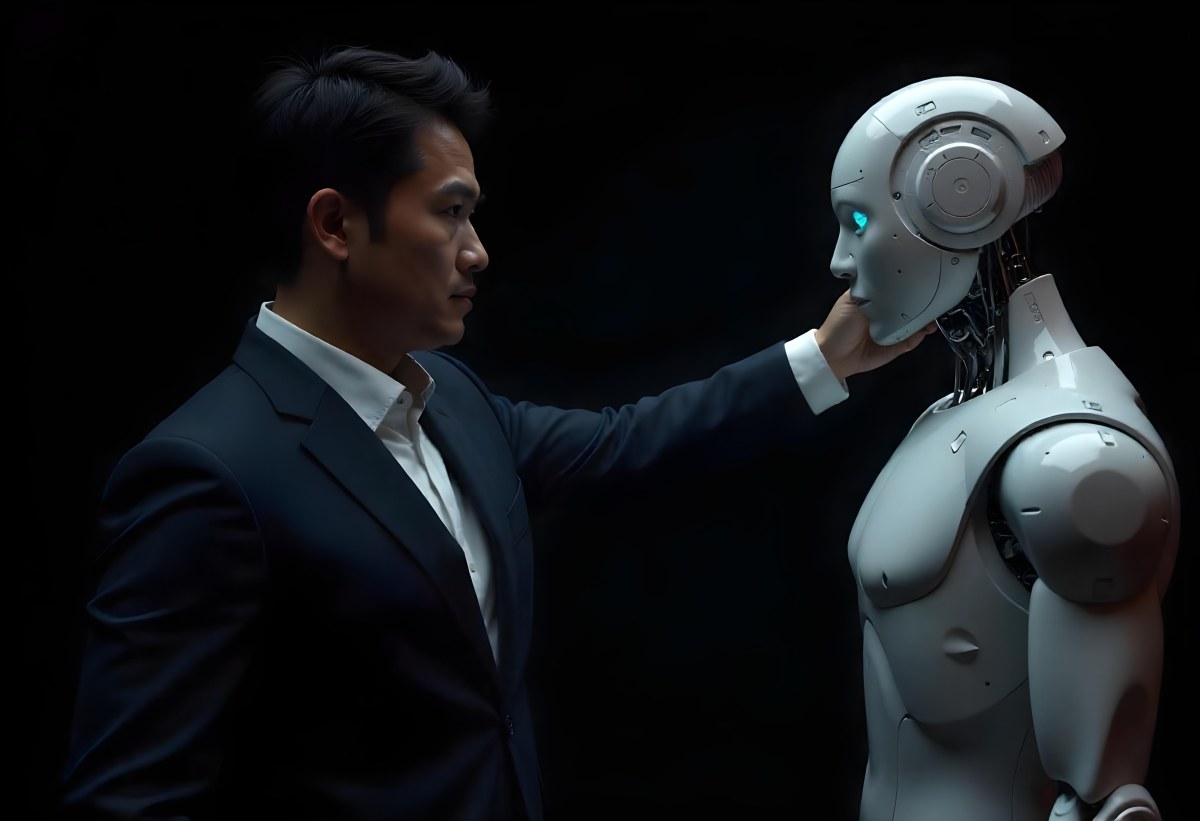 An Asian Man 35 Years Old With Black Hair Wearing A Suit Reaching Out To A Robot Arm In A Black Background 13 F14a