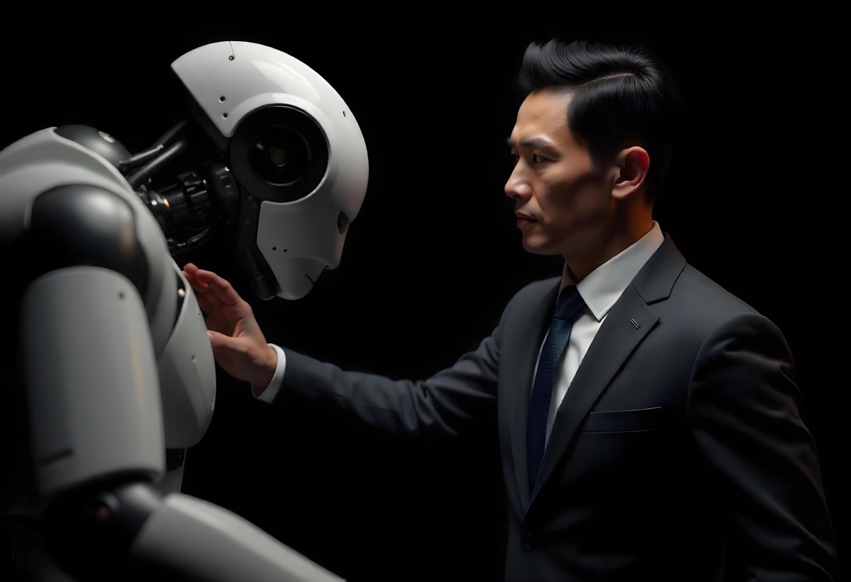An Asian Man 35 Years Old With Black Hair Wearing A Suit Reaching Out To A Robot Arm In A Black Background 2 Ea22