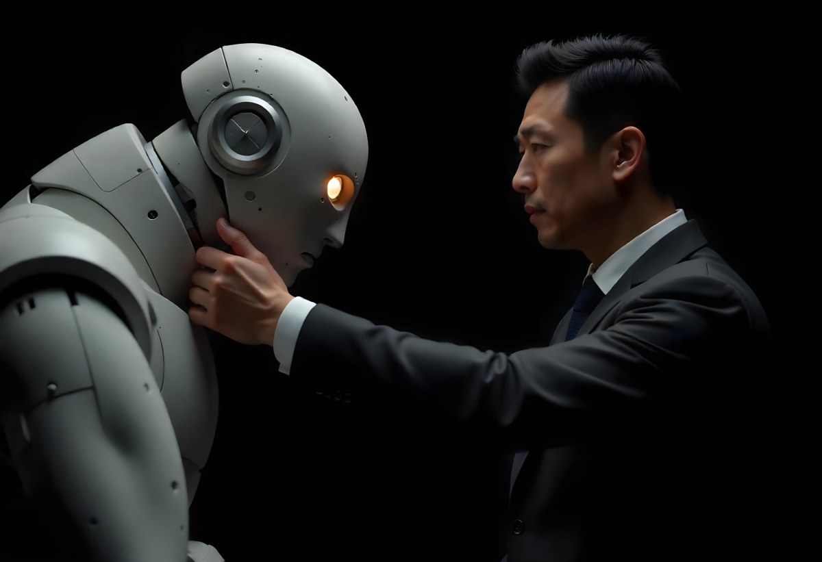 An Asian Man 35 Years Old With Black Hair Wearing A Suit Reaching Out To A Robot Arm In A Black Background 4 E39a