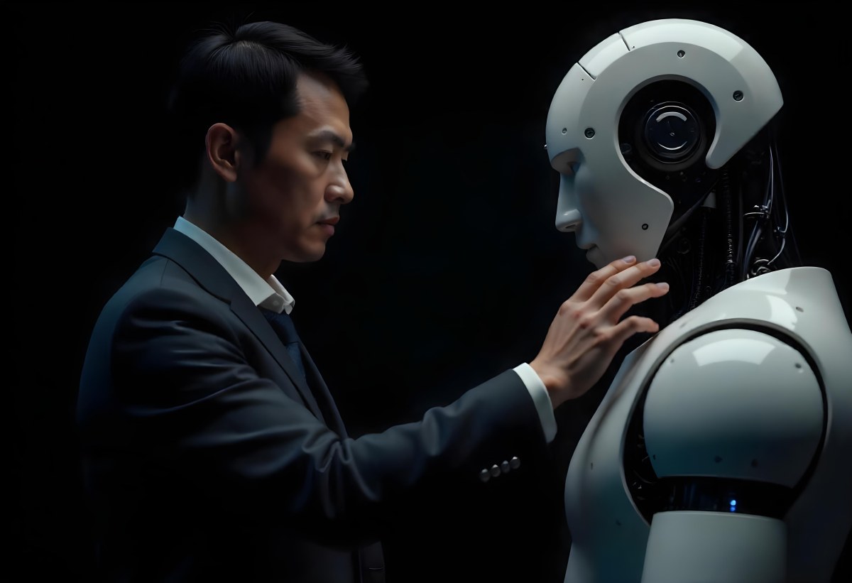 An Asian Man 35 Years Old With Black Hair Wearing A Suit Reaching Out To A Robot Arm In A Black Background 6 55b6