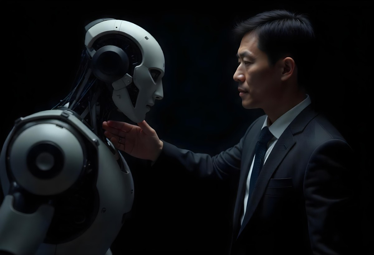 An Asian Man 35 Years Old With Black Hair Wearing A Suit Reaching Out To A Robot Arm In A Black Background 7 F854