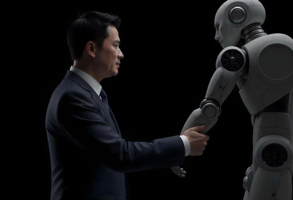 An Asian Man 35 Years Old With Black Hair Wearing A Suit Reaching Out To A Robot Arm In A Black Background 8 574b