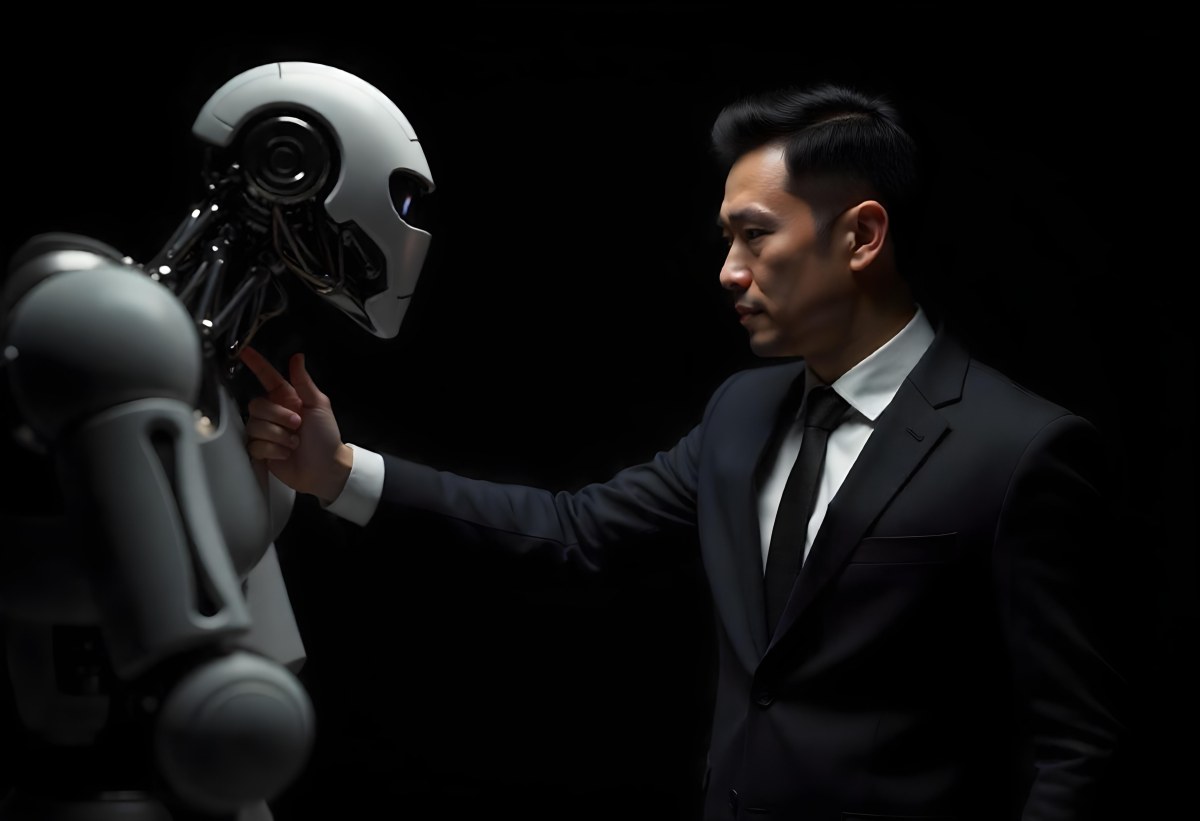 An Asian Man 35 Years Old With Black Hair Wearing A Suit Reaching Out To A Robot Arm In A Black Background 9 1b84