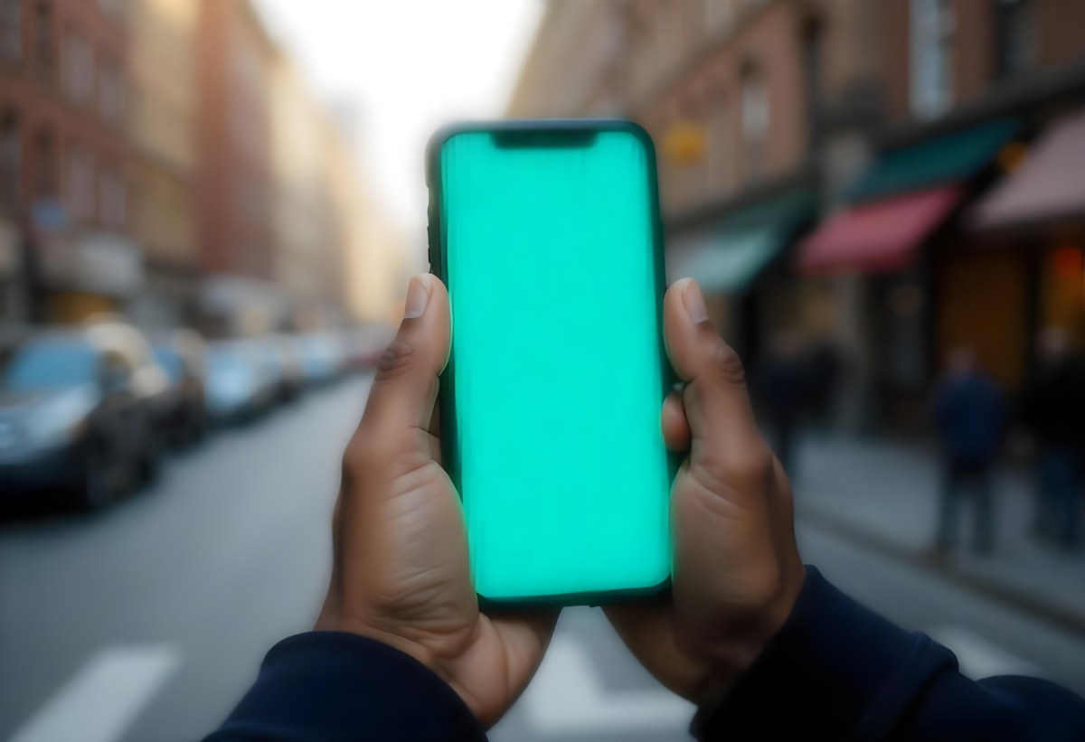 Black Man Holding A Smartphone With A Blank Turquoise Screen The Background Is A Blurred City Street 6 E146