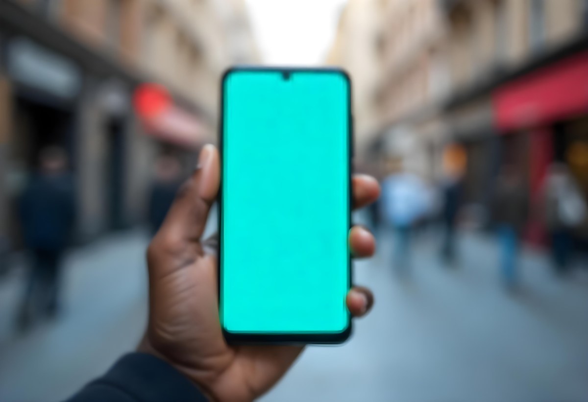 Black Man Holding A Smartphone With A Blank Turquoise Screen The Background Is A Blurred City Street 9 4ea6
