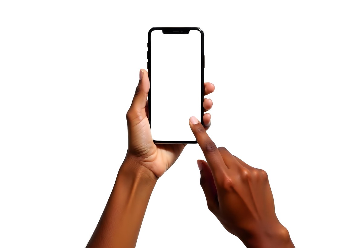 Dark Skinned Hands Holding A Smartphone With A Blank White Screen One Finger Is Holding The Screen Isolated On A White Background 6 5410