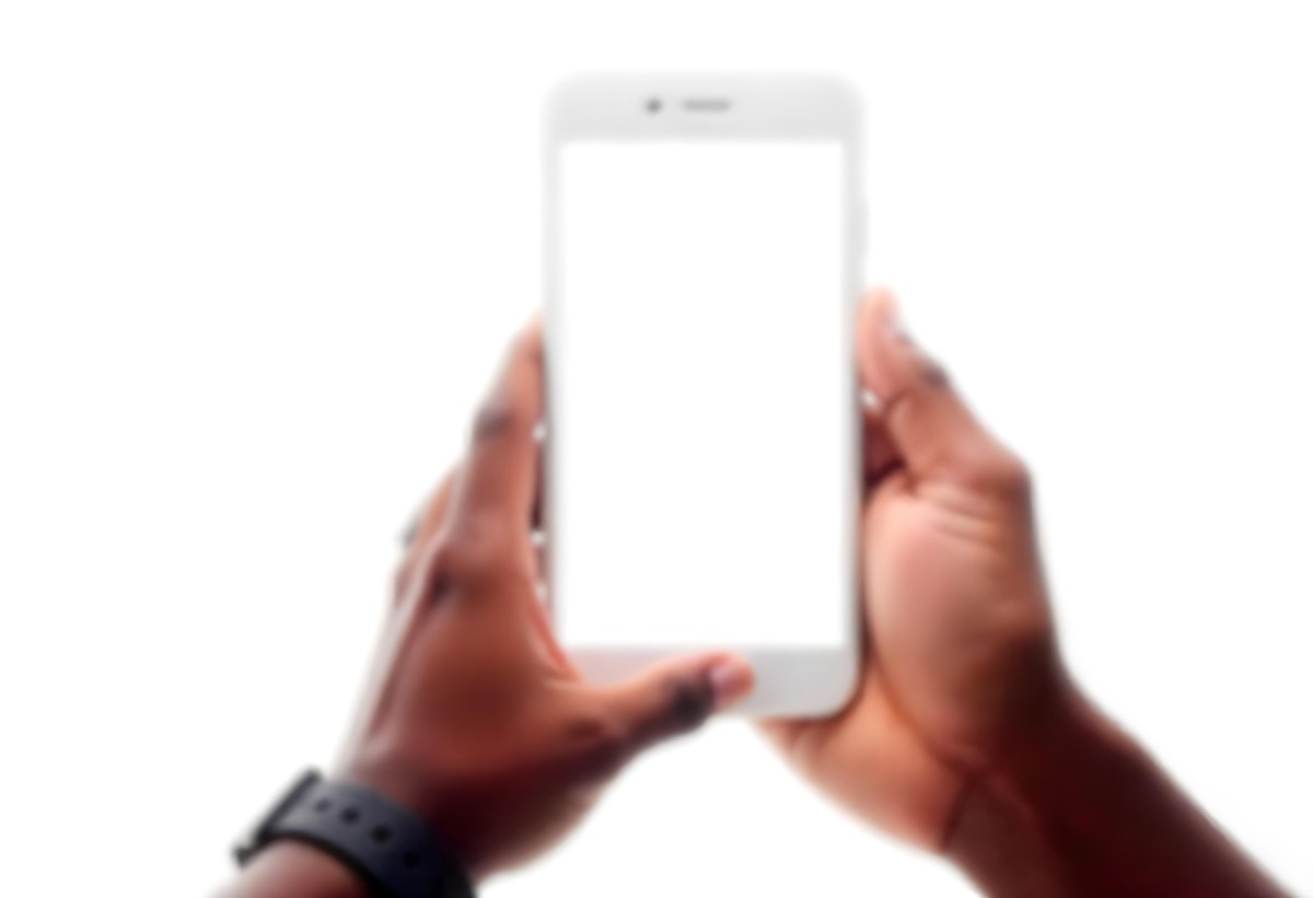 Dark Skinned Hands Holding A Smartphone With A Blank White Screen One Finger Is Holding The Screen Isolated On A White Background 8 1c6c