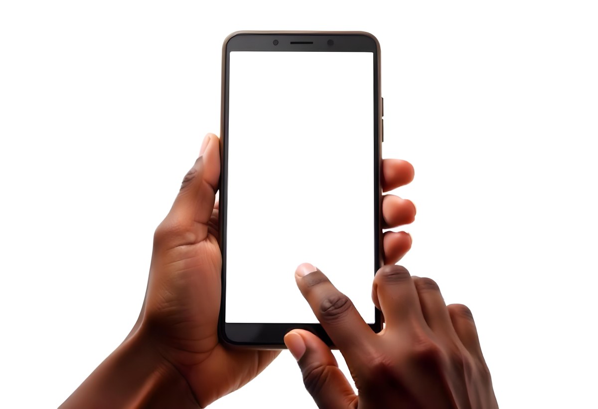Dark Skinned Hands Holding A Smartphone With A Blank White Screen One Finger Is Holding The Screen Isolated On A White Background 9 Bdce