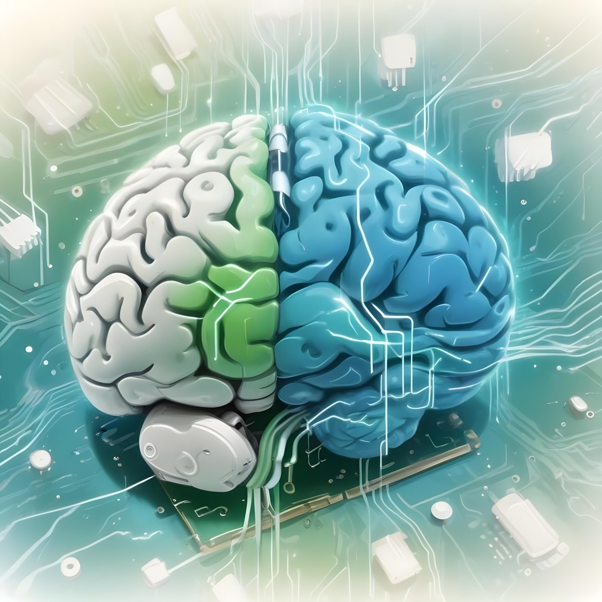 Digital Painting A Brain With The Left Hemisphere In White And Green And The Right Hemisphere In Green On A Circuit Board With A Smartphone Bold And Slim Lines Brush Strokes 54 34c3