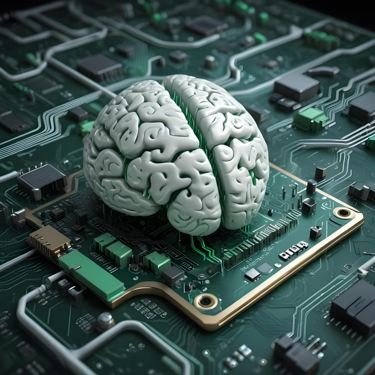 Digital Painting A Brain With The Left Hemisphere In White And Green And The Right Hemisphere In Green On A Circuit Board With A Smartphone Bold And Slim Lines Brush Strokes 6 D0af