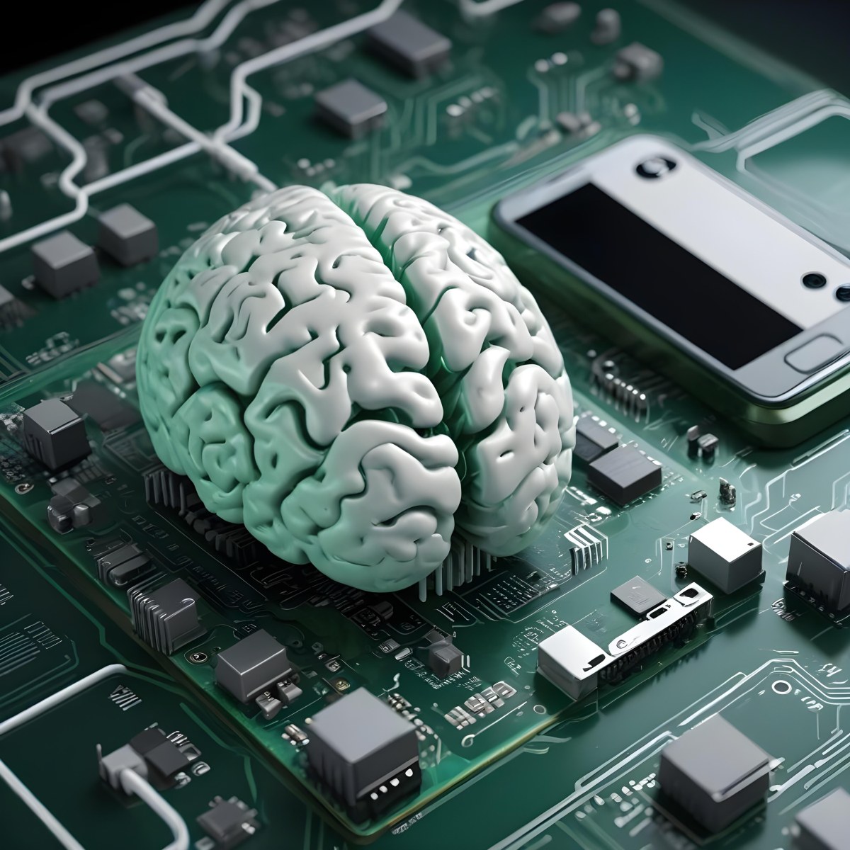 Digital Painting A Brain With The Left Hemisphere In White And Green And The Right Hemisphere In Green On A Circuit Board With A Smartphone Bold And Slim Lines Brush Strokes 7 8be2
