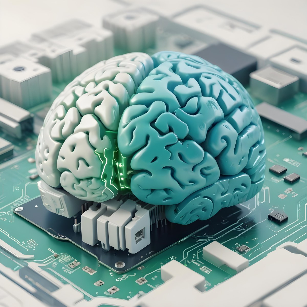 Digital Painting A Brain With The Left Hemisphere In White And Green And The Right Hemisphere In Green On A Circuit Board With A Smartphone Bold And Slim Lines Brush Strokes 9 F935