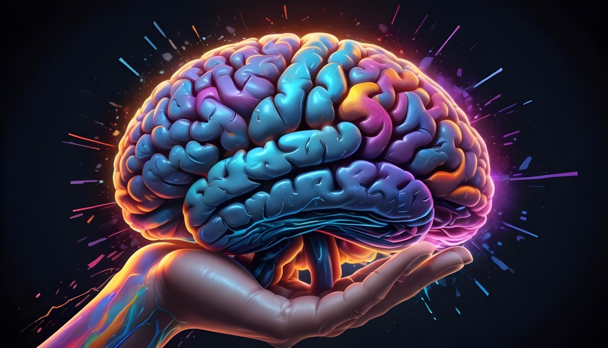 Digital Painting A Glowing Colorful Brain With A Hand Reaching Towards It Surrounded By A Dark Background With Futuristic Digital Elements Bold And Slim Lines Brush Strokes 1 Bd0a