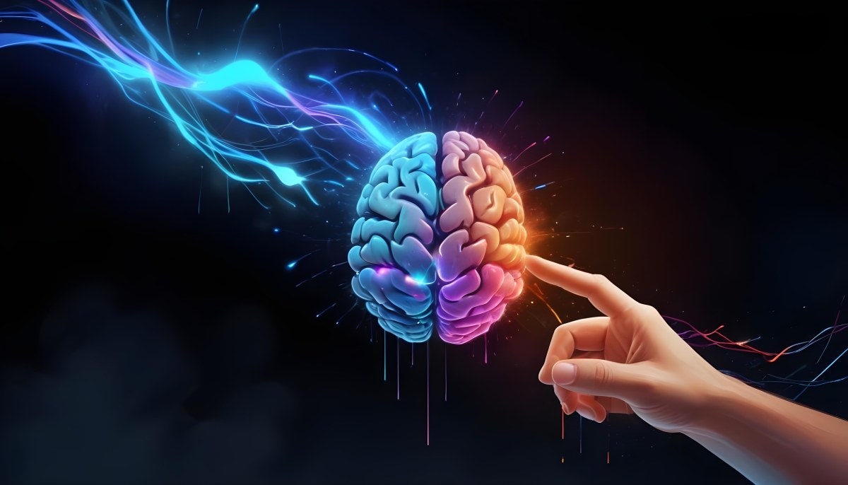 Digital Painting A Glowing Colorful Brain With A Hand Reaching Towards It Surrounded By A Dark Background With Futuristic Digital Elements Bold And Slim Lines Brush Strokes 2 C067
