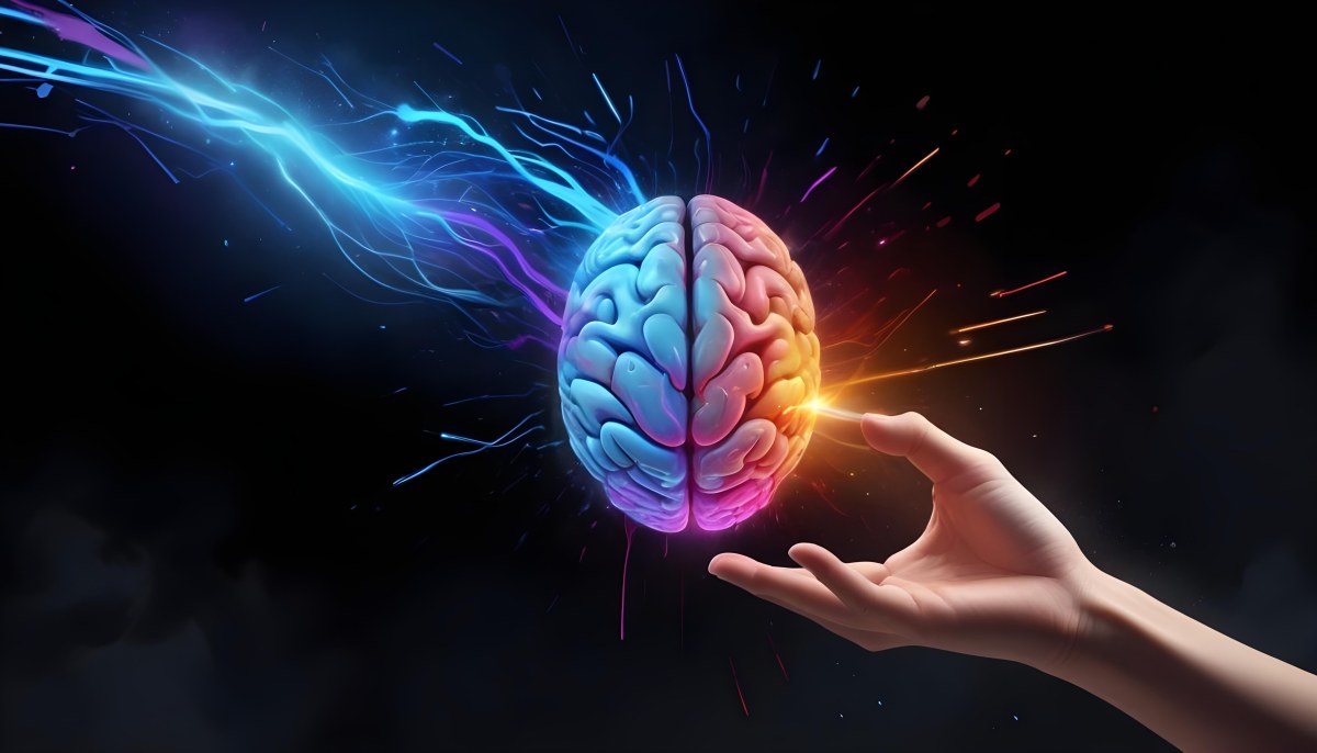 Digital Painting A Glowing Colorful Brain With A Hand Reaching Towards It Surrounded By A Dark Background With Futuristic Digital Elements Bold And Slim Lines Brush Strokes 3 9017
