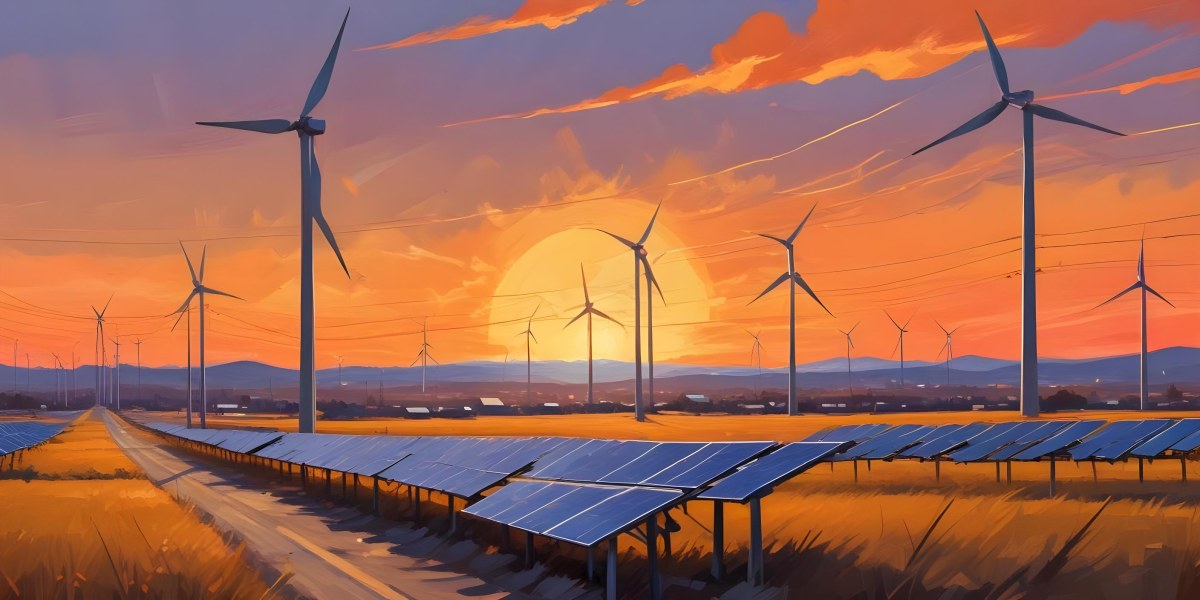 Digital Painting Solar Panels In The Foreground Wind Turbines In The Background And Power Lines Overhead All Set Against A Sunset Sky With Orange And Yellow Hues Bold And Slim Lines Brush Strokes 11 55a3