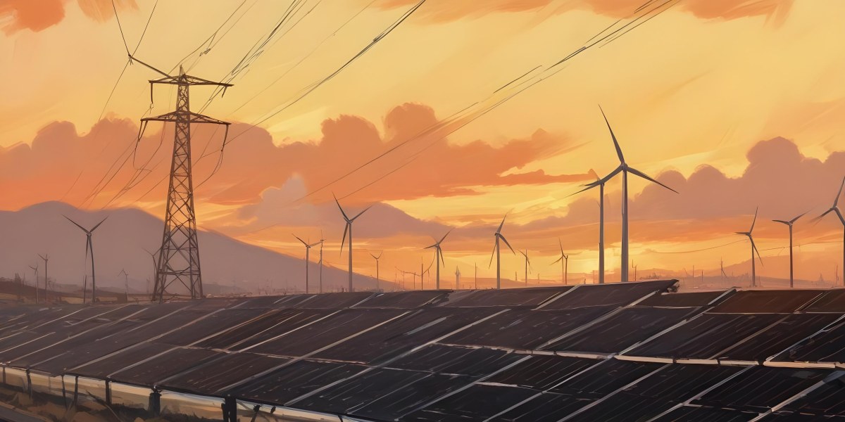 Digital Painting Solar Panels In The Foreground Wind Turbines In The Background And Power Lines Overhead All Set Against A Sunset Sky With Orange And Yellow Hues Bold And Slim Lines Brush Strokes 12 2a32