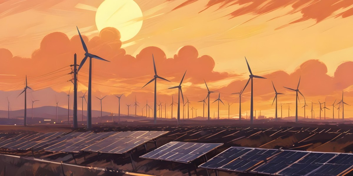 Digital Painting Solar Panels In The Foreground Wind Turbines In The Background And Power Lines Overhead All Set Against A Sunset Sky With Orange And Yellow Hues Bold And Slim Lines Brush Strokes 20 Cfa8