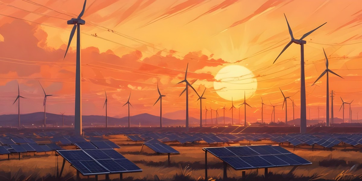 Digital Painting Solar Panels In The Foreground Wind Turbines In The Background And Power Lines Overhead All Set Against A Sunset Sky With Orange And Yellow Hues Bold And Slim Lines Brush Strokes 28 5777