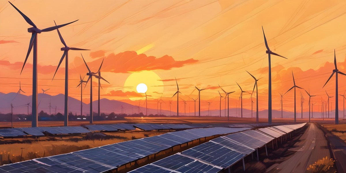 Digital Painting Solar Panels In The Foreground Wind Turbines In The Background And Power Lines Overhead All Set Against A Sunset Sky With Orange And Yellow Hues Bold And Slim Lines Brush Strokes 29 9c08