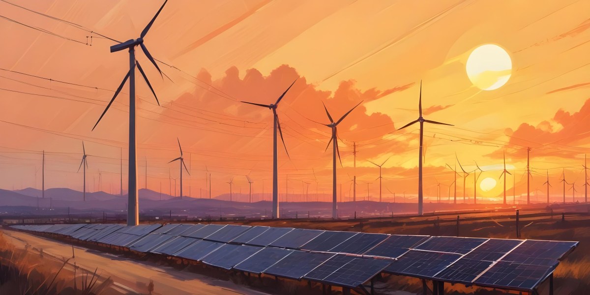 Digital Painting Solar Panels In The Foreground Wind Turbines In The Background And Power Lines Overhead All Set Against A Sunset Sky With Orange And Yellow Hues Bold And Slim Lines Brush Strokes 3 6d95