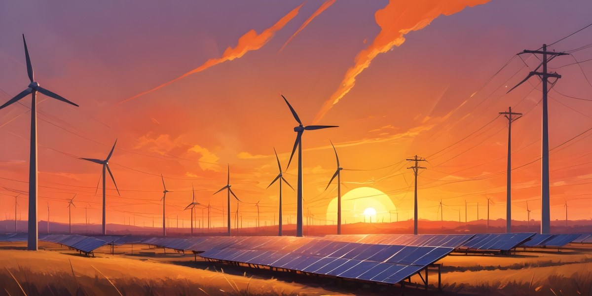 Digital Painting Solar Panels In The Foreground Wind Turbines In The Background And Power Lines Overhead All Set Against A Sunset Sky With Orange And Yellow Hues Bold And Slim Lines Brush Strokes 30 1b2b