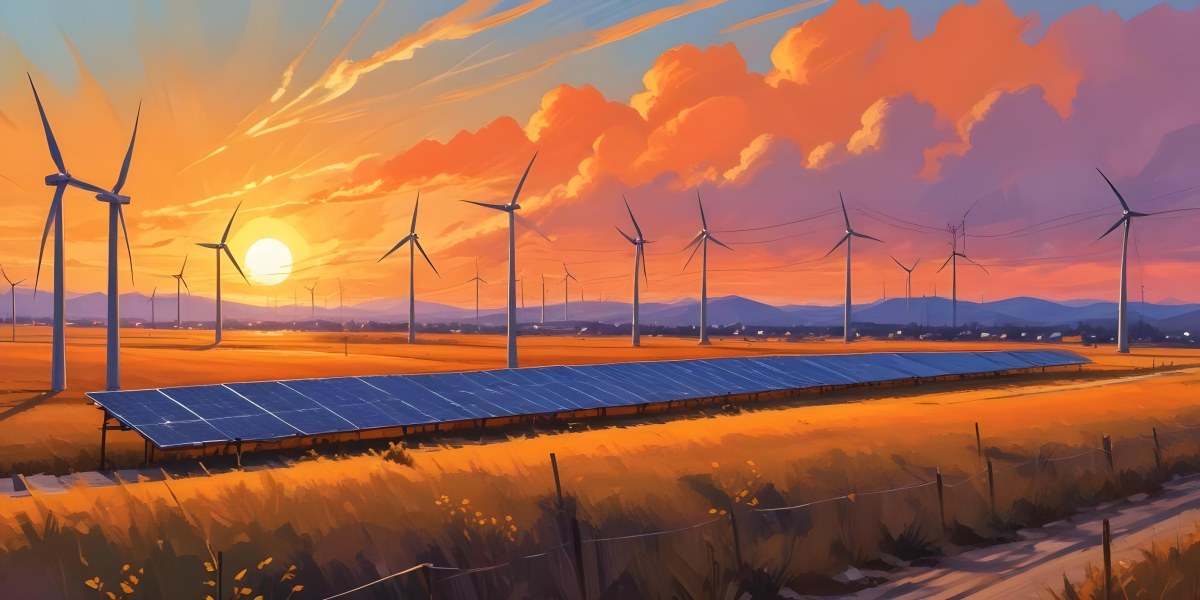 Digital Painting Solar Panels In The Foreground Wind Turbines In The Background And Power Lines Overhead All Set Against A Sunset Sky With Orange And Yellow Hues Bold And Slim Lines Brush Strokes 5 3cf7